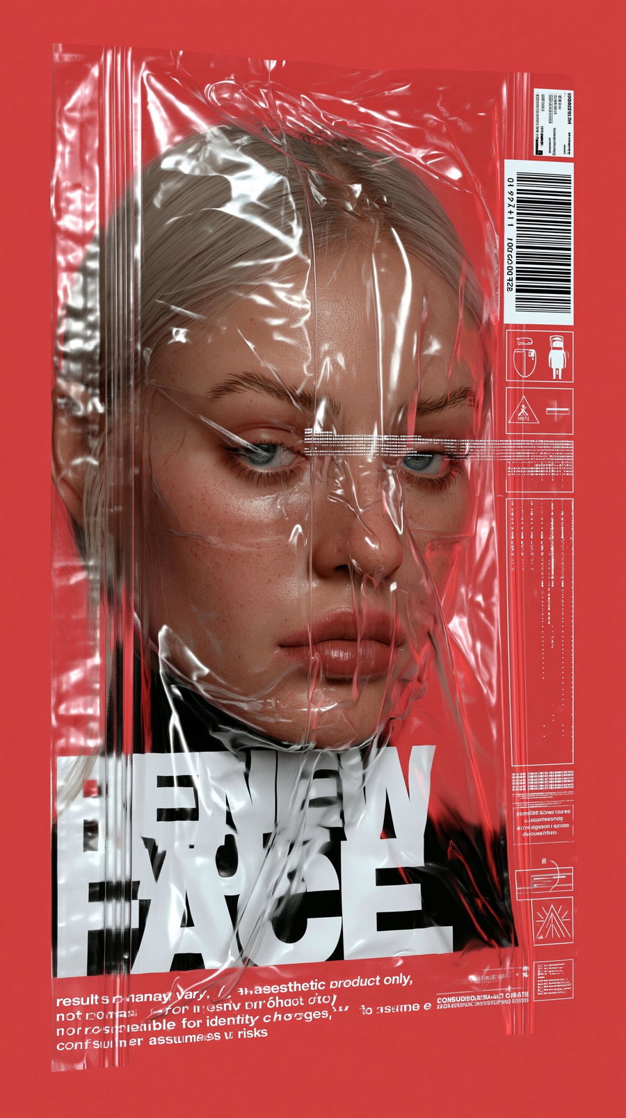 A hyper realistic Caucasian female face sealed in a transparent plastic bag, surrounded by graphic design elements such as barcode and warning symbols on a bold red monochrome background.