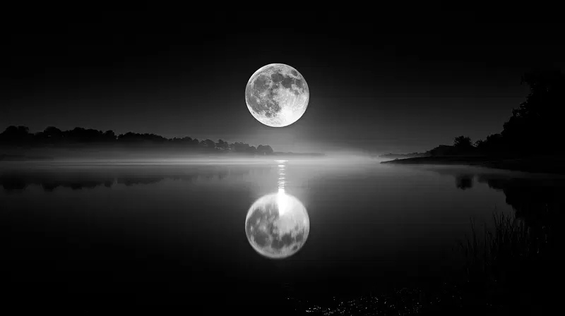 Dramatic Full Moon Reflected on Still Water Surface at Midnight