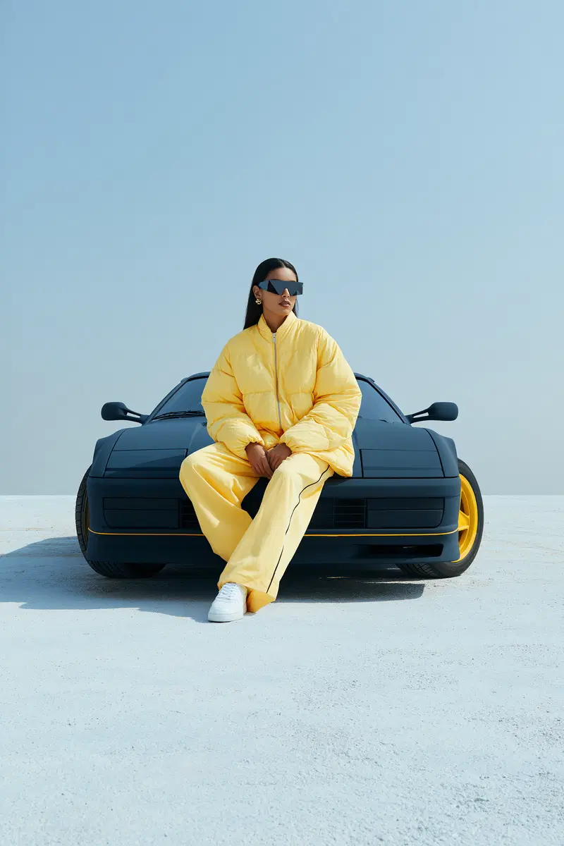 Ferrari Testarossa and Young Woman in Yellow Puffer Jacket