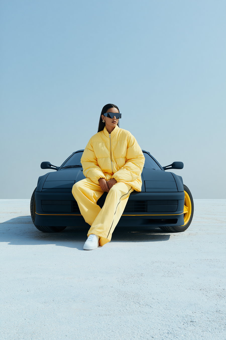 A young woman sits confidently on the hood of a sleek, black Ferrari Testarossa, wearing a vivid yellow quilted puffer jacket and jogger trousers. The scene features a clear blue sky, with the car showcasing intricate geometry and prominent yellow accents on wheels.