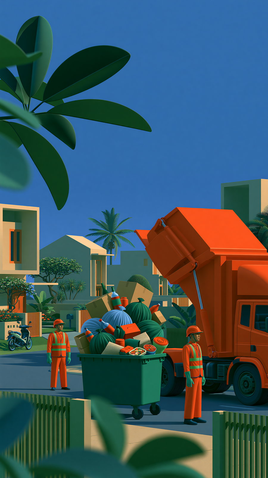 A modern orange garbage truck lifting a large trash bin filled with waste, with two workers in orange uniforms supervising, set in a clean neighborhood with minimal houses and tropical trees.