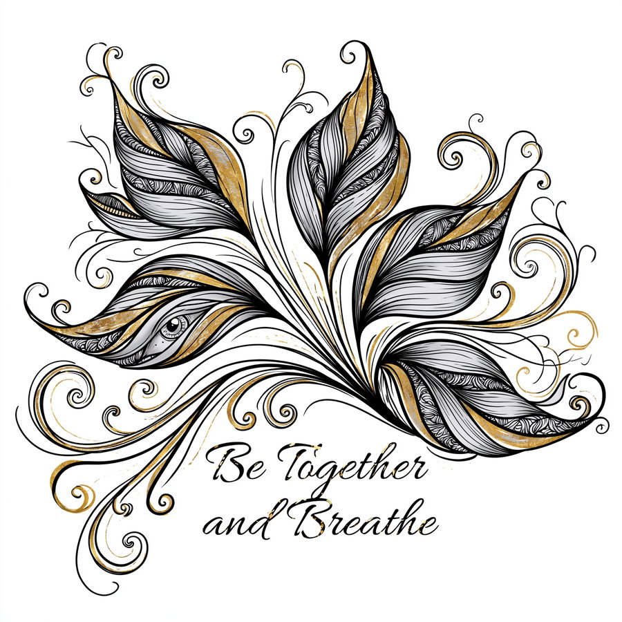 A detailed black ink illustration of leaves and vines with gold accents, featuring intricate zentangle-style patterns and an eye embedded in the design. The text 'Be Together and Breathe' is displayed in a worn italic letterpress style below the foliage, set against a solid white background.