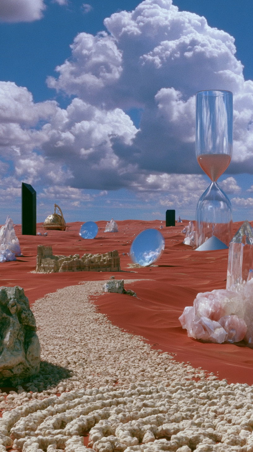 Endless crimson desert featuring colossal hourglasses, black monoliths, giant crystals, and floating mirrors under a sky with massive clouds.