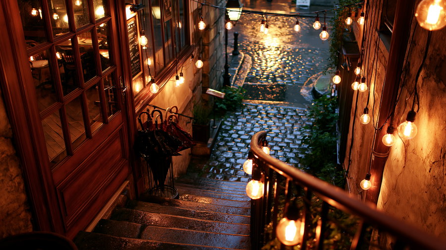 A warm, inviting stairway leading down to a basement jazz club, illuminated by soft lights. A stand with wet umbrellas is by the door, and a cobblestone street is visible at the top, reflecting the warm lamplight. The scene is cozy, cinematic, and captures the essence of a rainy night.
