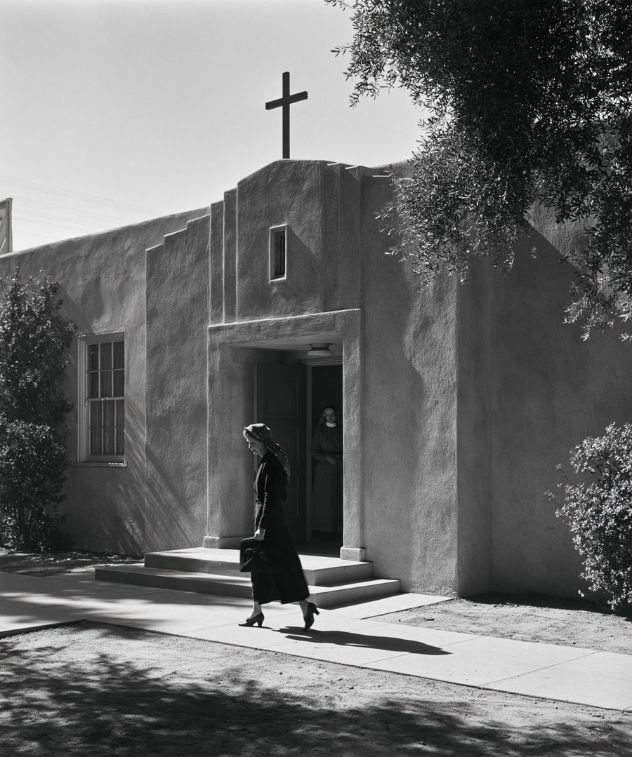 A modest orphanage building with a cross, a nun at the door, and a woman in plain clothes approaching.
