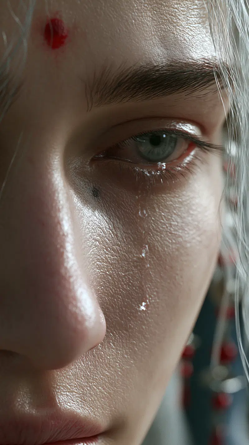 Close-Up of a Beautiful Goddess with Wet Eyes and Tears