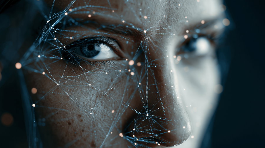 Close-up of a human face with glowing scan lines and data points overlaid, featuring a high-tech blue and white aesthetic.