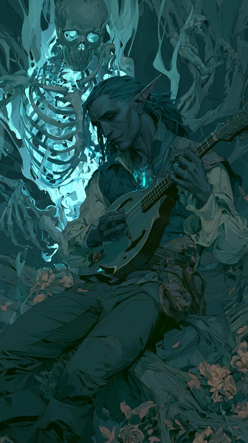 Mystical Elf Playing Mandolin with Undead Guardian