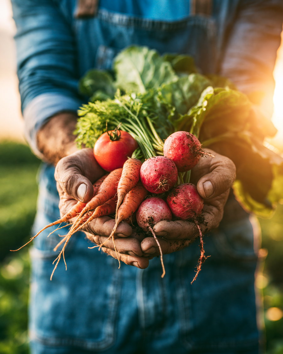 Farmer's hands holding a mix of freshly harvested vegetables including carrots, radishes, and tomatoes, with a blurred field background illuminated by golden hour light.
