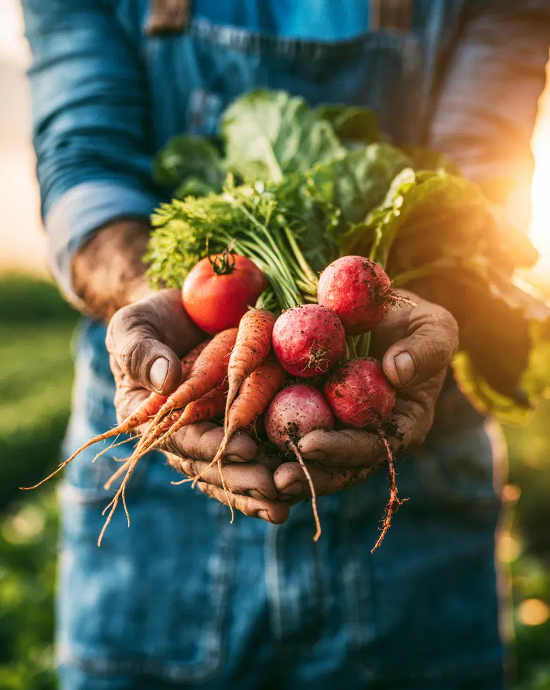 Freshly Harvested Vegetables in Hands at Golden Hour