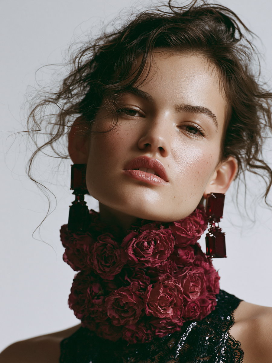 Close-up portrait of a young woman with curly hair wearing a floral high collar and statement earrings, shot in soft light.