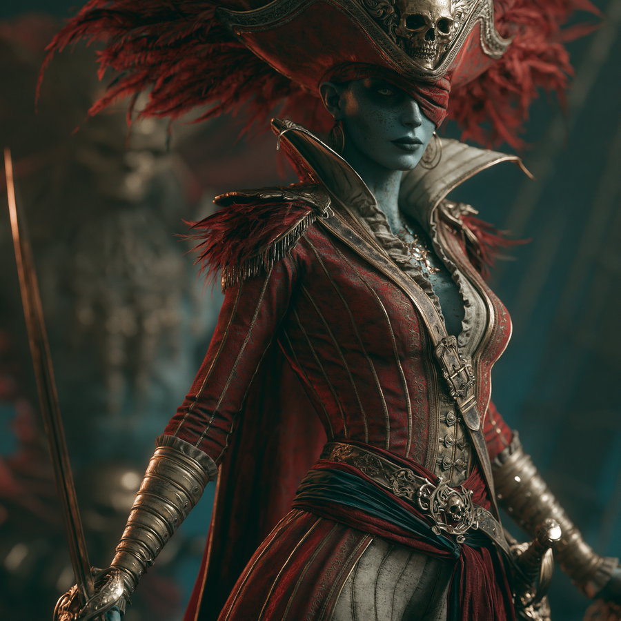 A female pirate captain dressed in an ornate red outfit with a dramatic hat, holding a sword, set against a dark, moody background featuring hints of a ship and nautical decor.