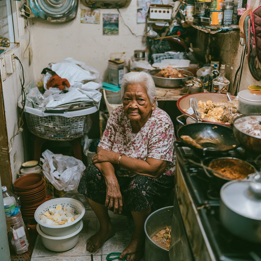 An elderly woman sitting in a cluttered kitchen, surrounded by cooking pots and utensils.