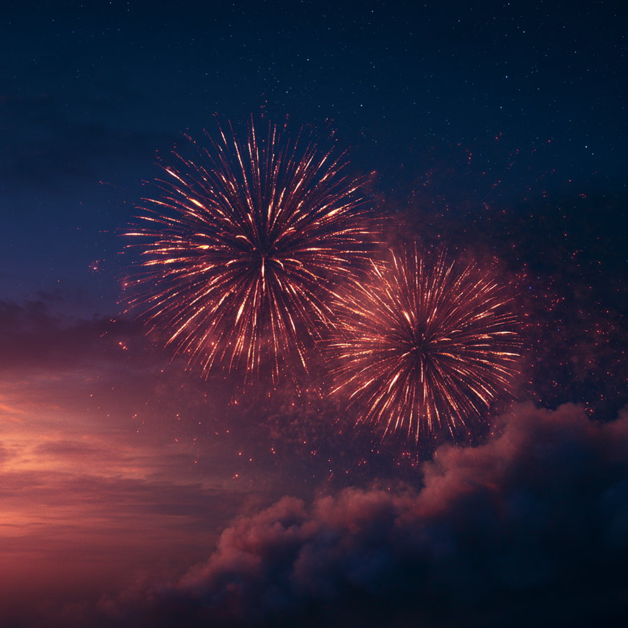 Fireworks bursting in the night sky over clouds with stars