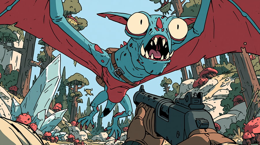 A blue alien creature with big eyes and bat-like wings is flying towards the viewer in a vibrant, crystal-studded environment filled with tall trees and colorful mushrooms.