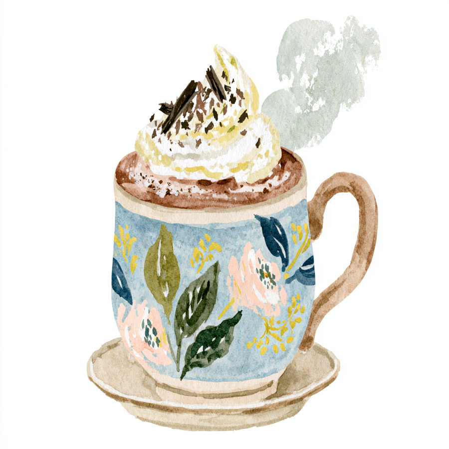A hand-painted watercolor illustration of a ceramic mug filled with hot chocolate topped with whipped cream and chocolate shavings, displaying rich brown tones and floral patterns. The mug is placed on a saucer, with steam rising in a soft, cozy atmosphere.