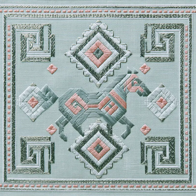 Geometric Hmong Paj Ntaub Embroidery with Horse Motif