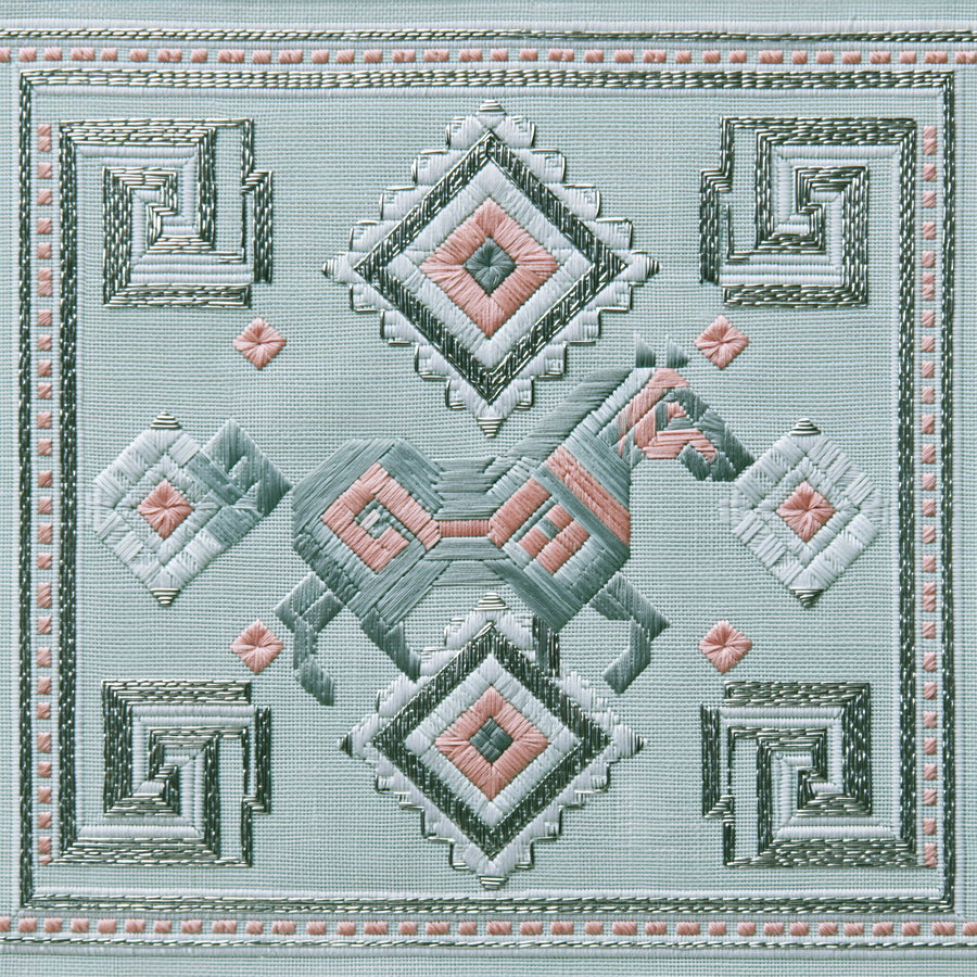 A flat textile pattern featuring a geometric horse motif made of stepped diamonds and snail-spirals, using silver thread on pale mint fabric, with soft-pink accents. The design is symmetrical with clean, crisp edges.