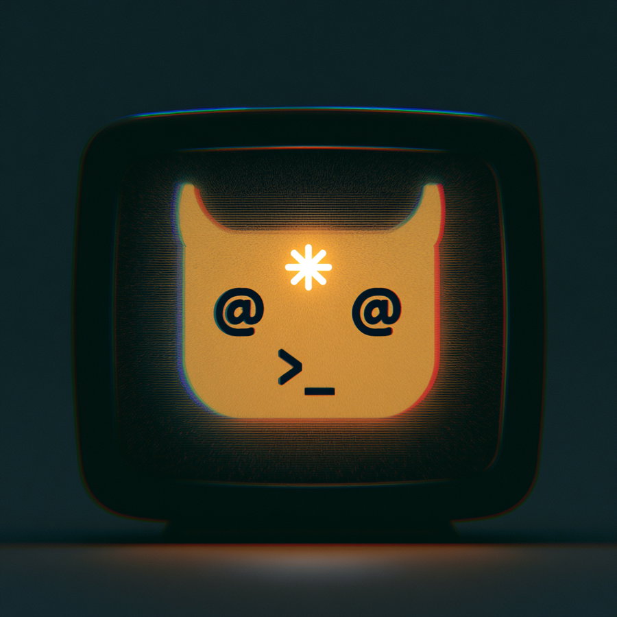 A flat vector logo featuring a stylized face on a CRT screen with devil horns, '@' eyes, and an asterisk on the forehead, glowing amber color on a black background