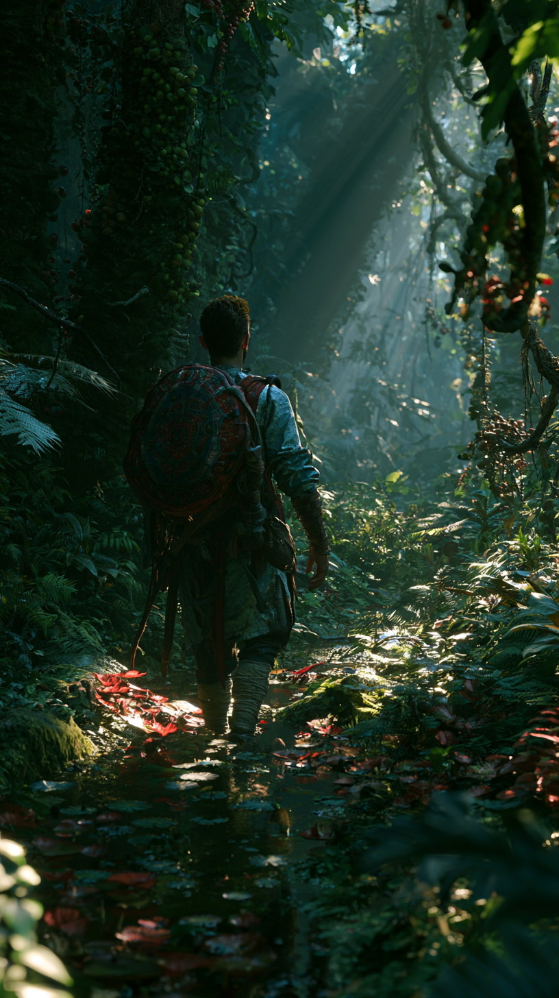 A person walking through a dense forest with sunlight filtering through the foliage, surrounded by vibrant green plants and rich textures.