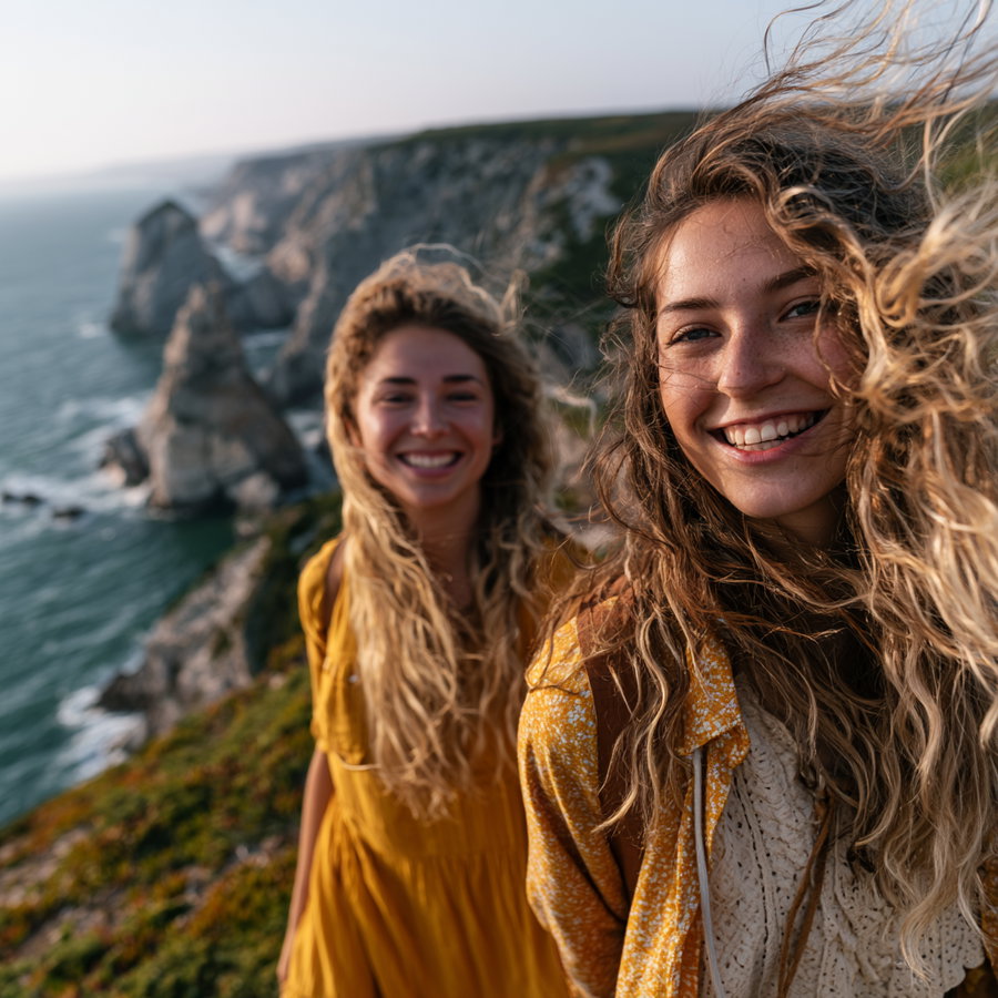 Two smiling friends with long hair on a cliffside overlooking the ocean, with wind blowing and scenic cliffs in the background.