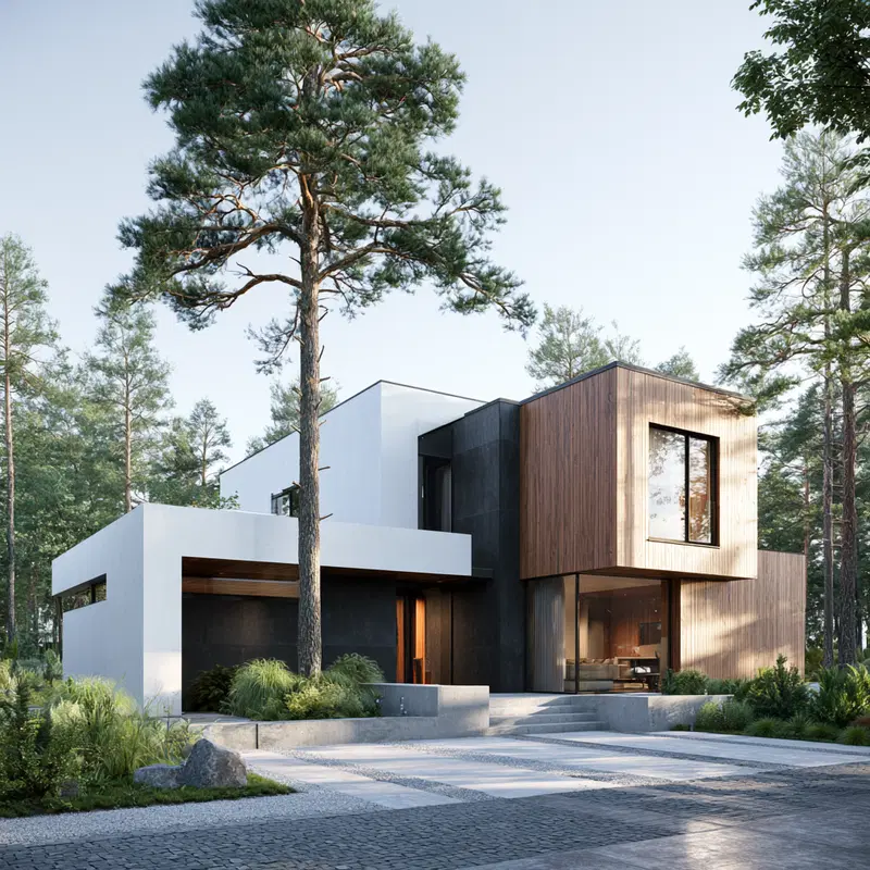 Modern House with Wood and Concrete Design in Nature