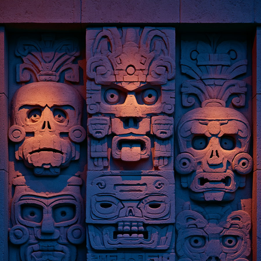 Frontal view of a wall featuring stylized skull reliefs with purple-blue shadows and warm orange, pink, and yellow highlights.
