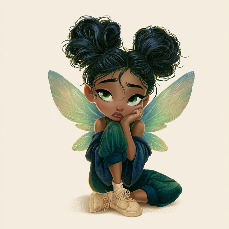 A cute black girl with fairy wings, wearing beige shoes and a blue and green outfit, sitting with a thoughtful expression on a plain background.