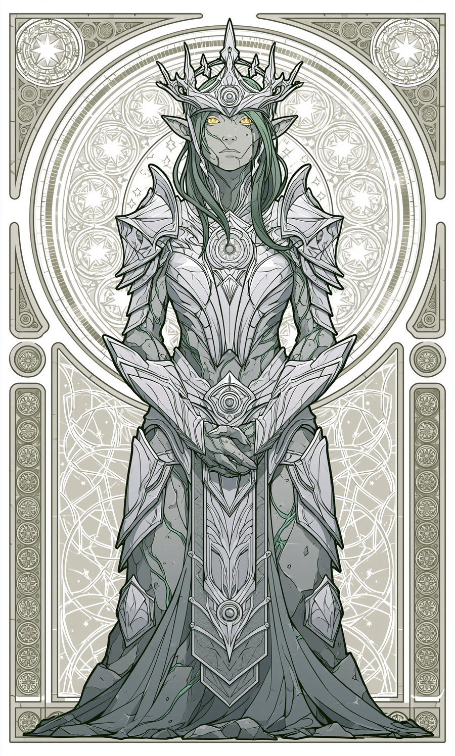 A full body illustration of a mountain nymph wearing silver armor and a crown, with green hair and golden eyes, standing in a simple background.