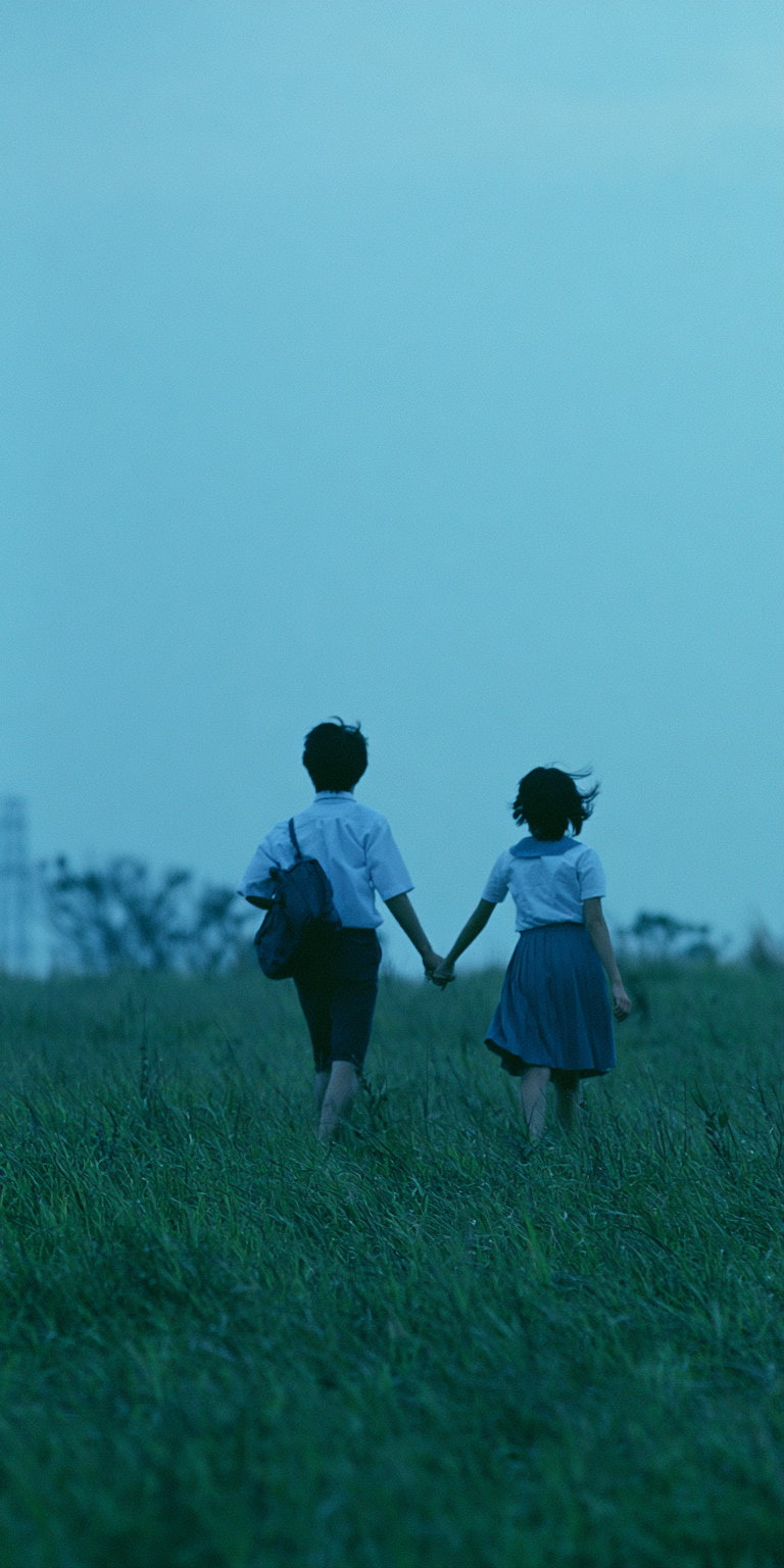 A boy and girl walking on a grassy lawn, holding hands. The sky is clear and blue, with a windy atmosphere. The scene is shot from behind, focusing on their back view.