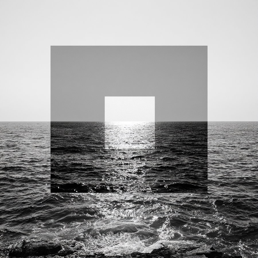 A minimalist black and white seascape featuring the ocean and sunlight reflecting on the water, overlaid with geometric shapes.