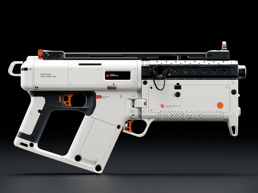 A futuristic gun with a sleek design, featuring a white body with orange accents and a compact, one-handed configuration against a black background.