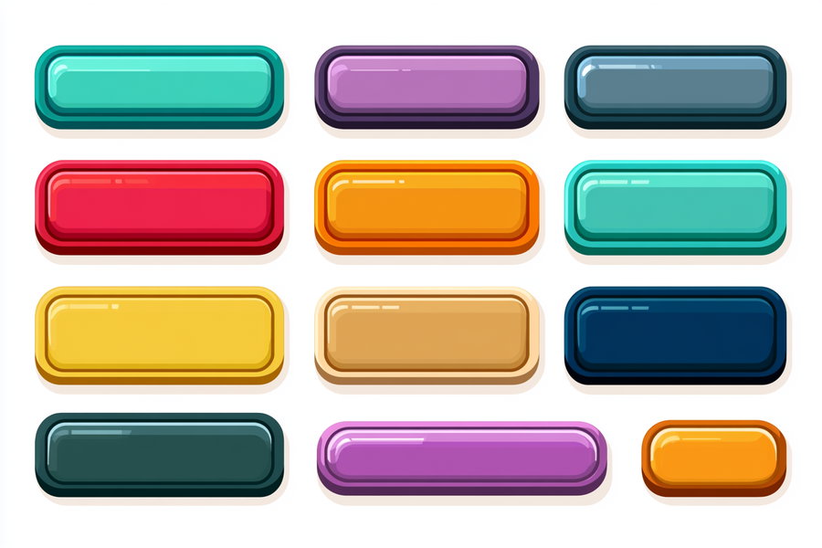 A sprite sheet featuring various flat rectangular buttons in multiple colors, including teal, red, purple, gray, orange, and beige, displayed on a solid white background.