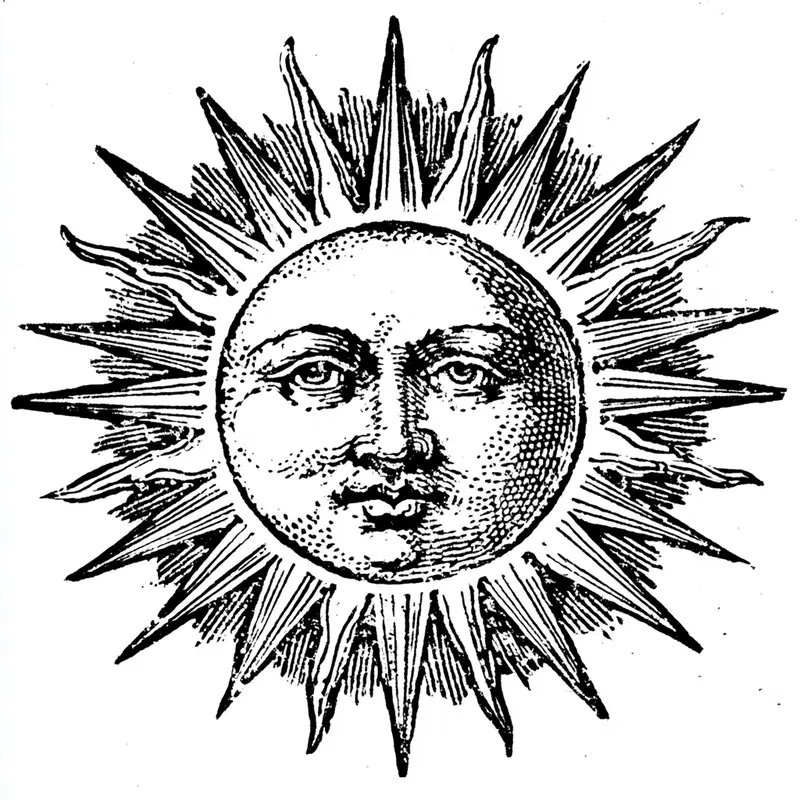 Antique Monochrome Engraving of a Decorative Sun Illustration