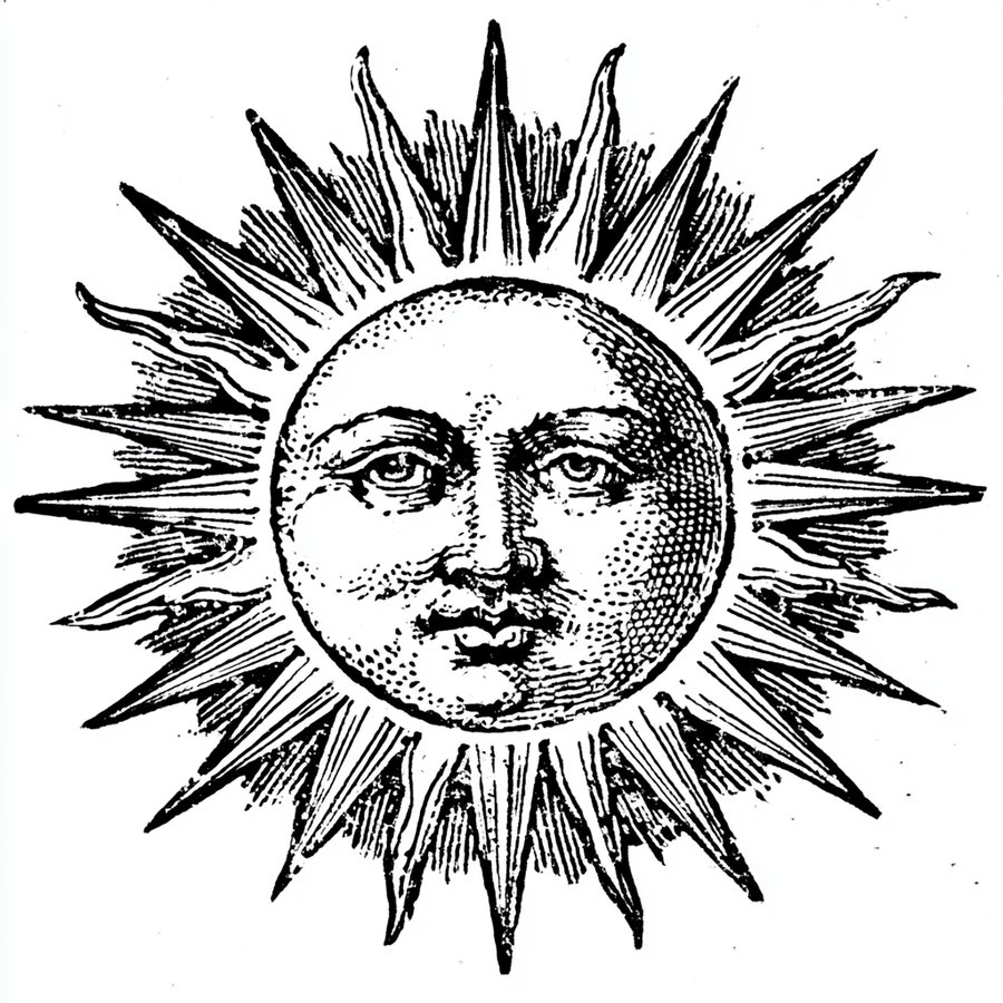 An intricate black and white engraving of a sun with a stylized face and radiating rays, featuring detailed contour lines and cross-hatching, on a plain light background.