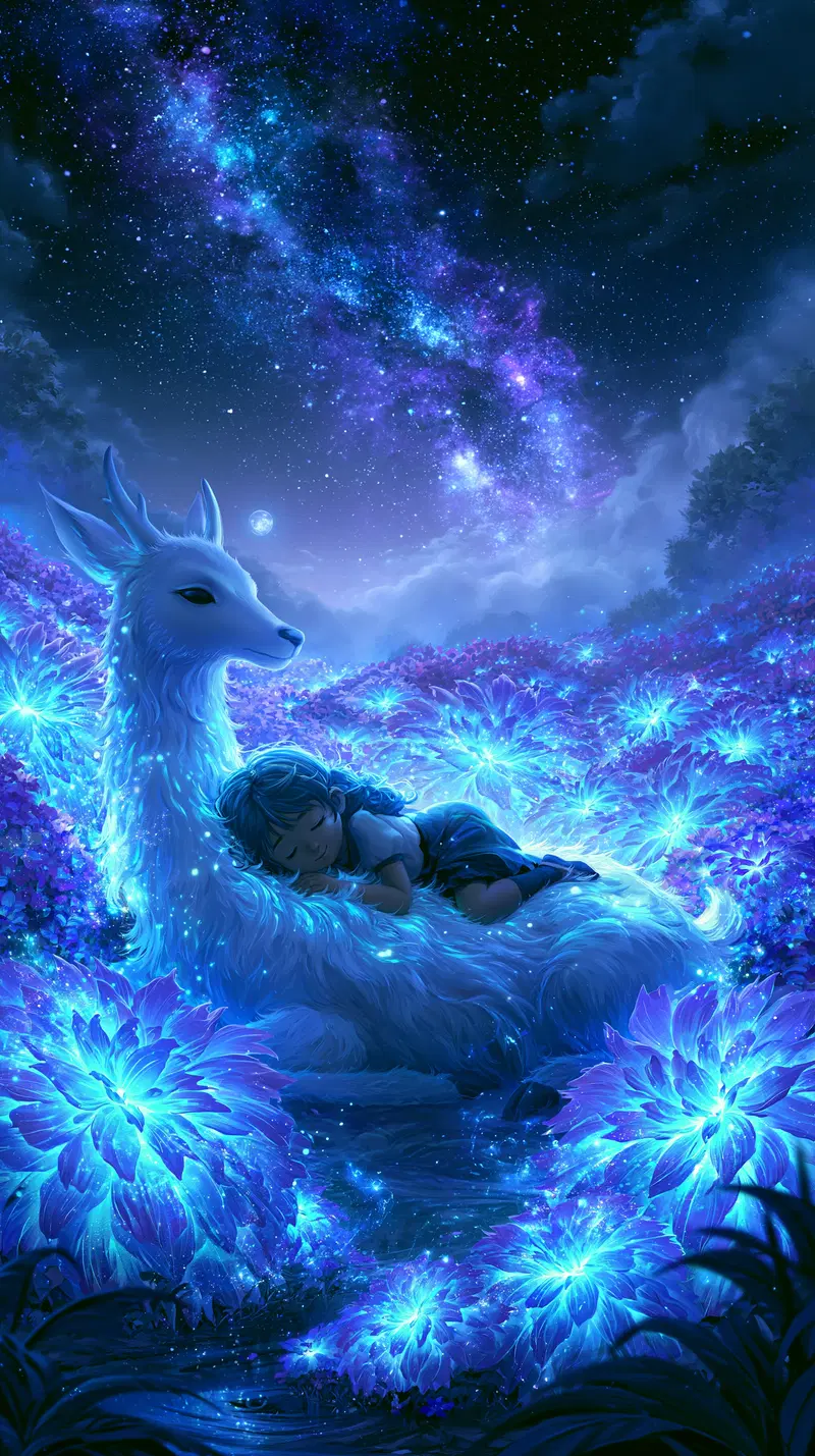 Ethereal Night Scene with a Girl and Glowing Deer in a Dreamy Landscape