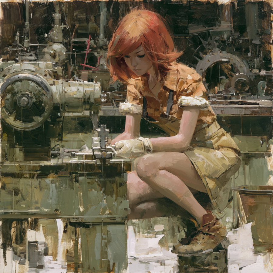 A girl with red hair, wearing an apron and gloves, focuses intently on machinery in a factory setting, surrounded by industrial equipment.