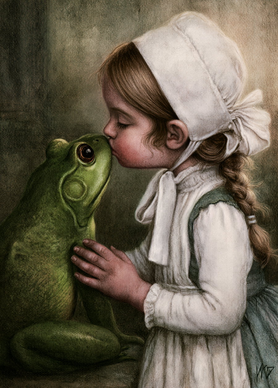 A girl in a white dress and bonnet kisses a green frog on its mouth.