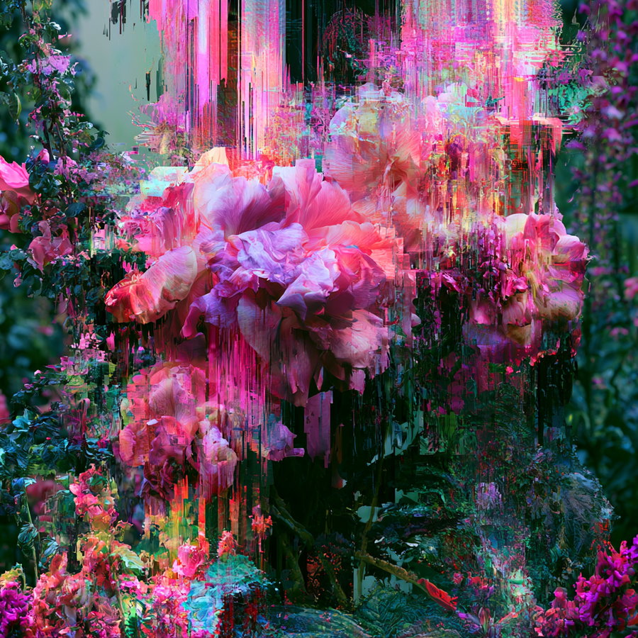 A vibrant garden filled with digital glitchy flowers, featuring bright pink and green hues with a distorted, artistic effect.