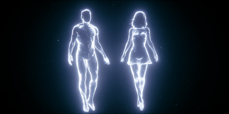 Two glowing white silhouettes of a male and female standing upright in a dark space environment.
