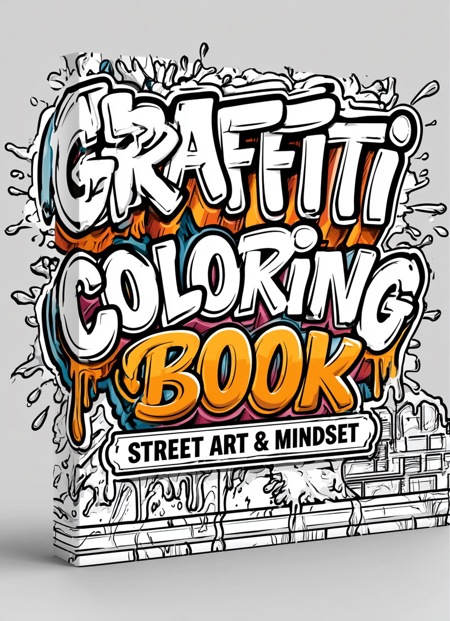 A coloring book cover featuring bold graffiti lettering with the title 'GRAFFITI COLORING BOOK' and subtitle 'Street Art & Mindset'. The design includes thick outlines, black and white line art, paint drips, and splatter against an urban wall background, all presented in a clean coloring style and strong centered composition.