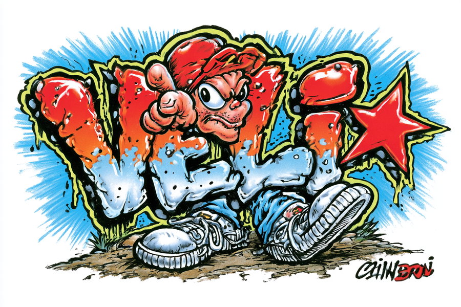 A vibrant graffiti artwork featuring the word 'VELI' in a stylized format with a star, colorful paint splashes, and a character in a red cap.