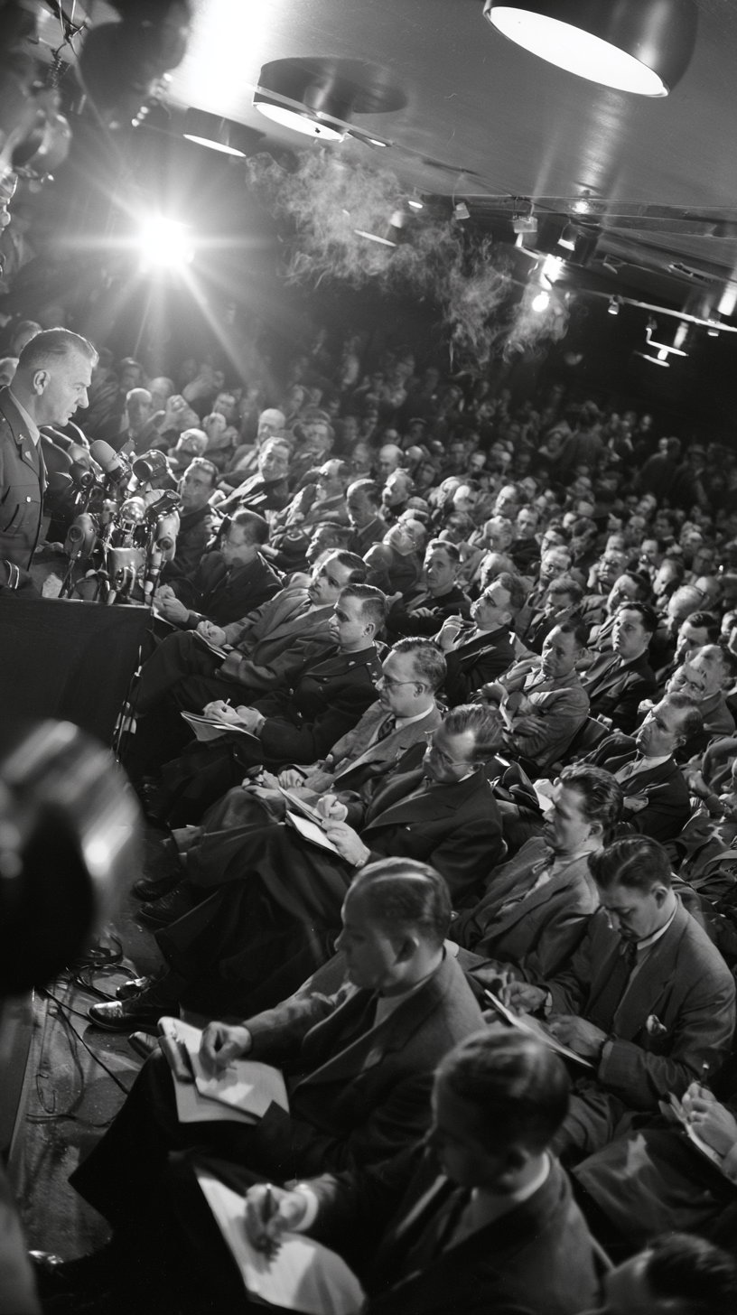 A packed press conference with a uniformed Air Force general at a podium, microphones in front, reporters taking notes in suits, flashbulb glare, and cigarette smoke under ceiling lights.