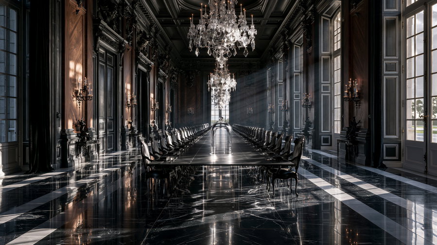 A grand dining hall featuring dark walnut walls, polished black marble floor, and large windows. A long dining table with a single crystal glass cloche sits at its center, illuminated by dramatic natural light, creating soft shadows.