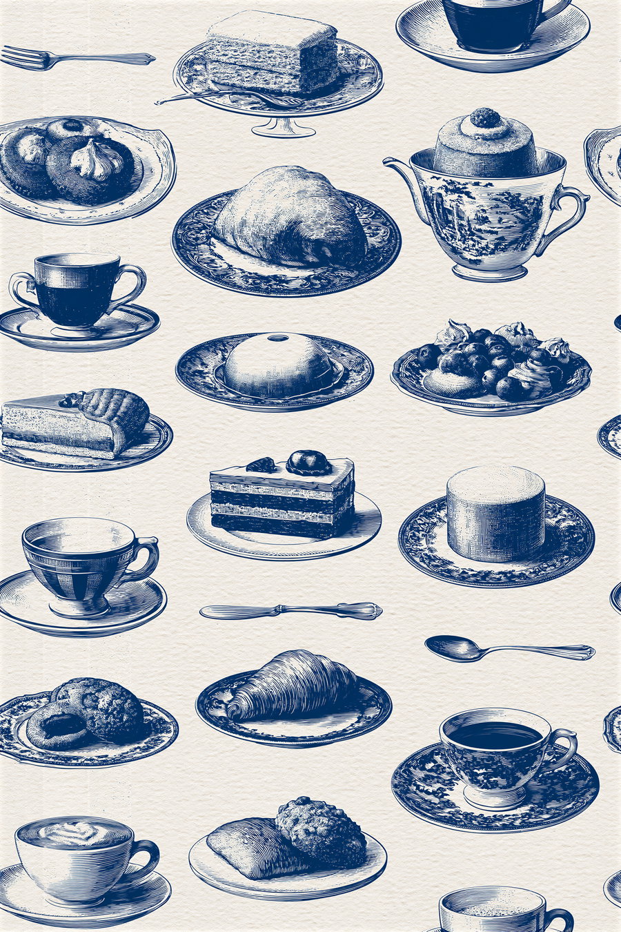 A blue ink line-art illustration featuring filled plates of desserts and coffee cups in a minimal composition.