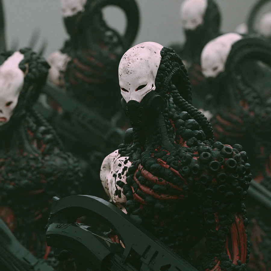 A group of muscular alien humanoids with a vast muscular build, featuring human-like faces and holding advanced alien weaponry, set in a gritty sci-fi environment.