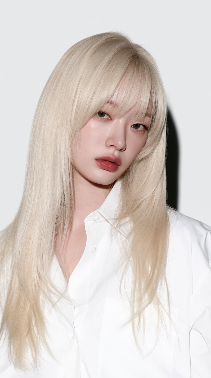 A young woman with long, straight blonde hair and full bangs, wearing a white shirt, with pale skin and big eyes, posing against a clean background.