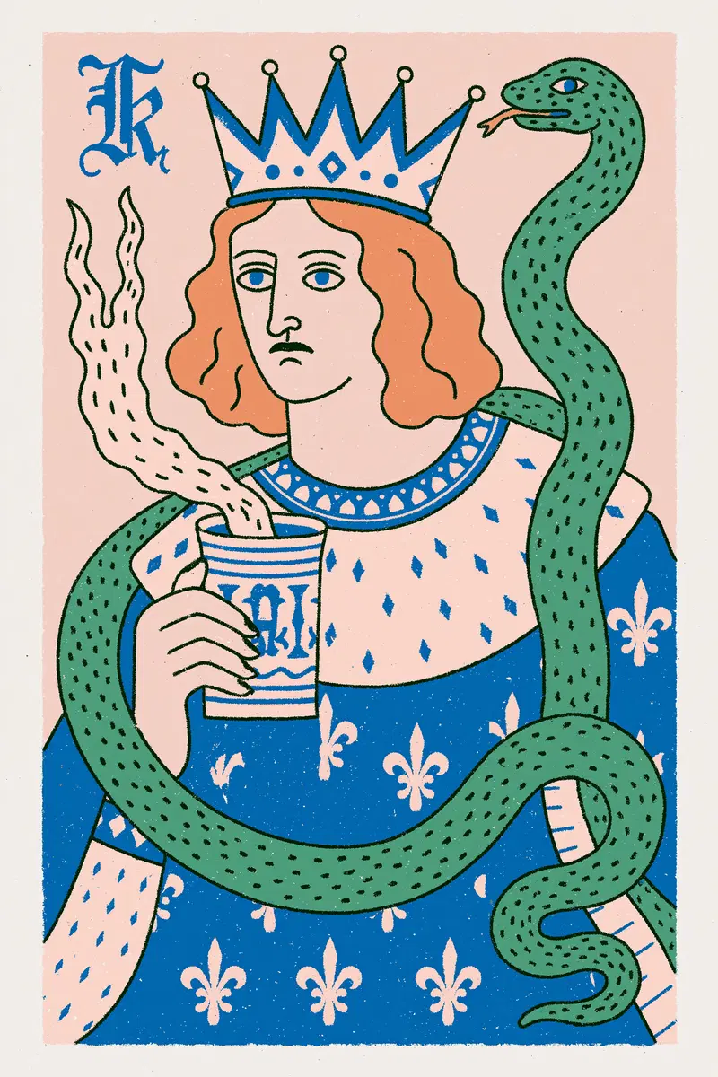 Hand Drawn Illustration of a King with a Snake and Coffee