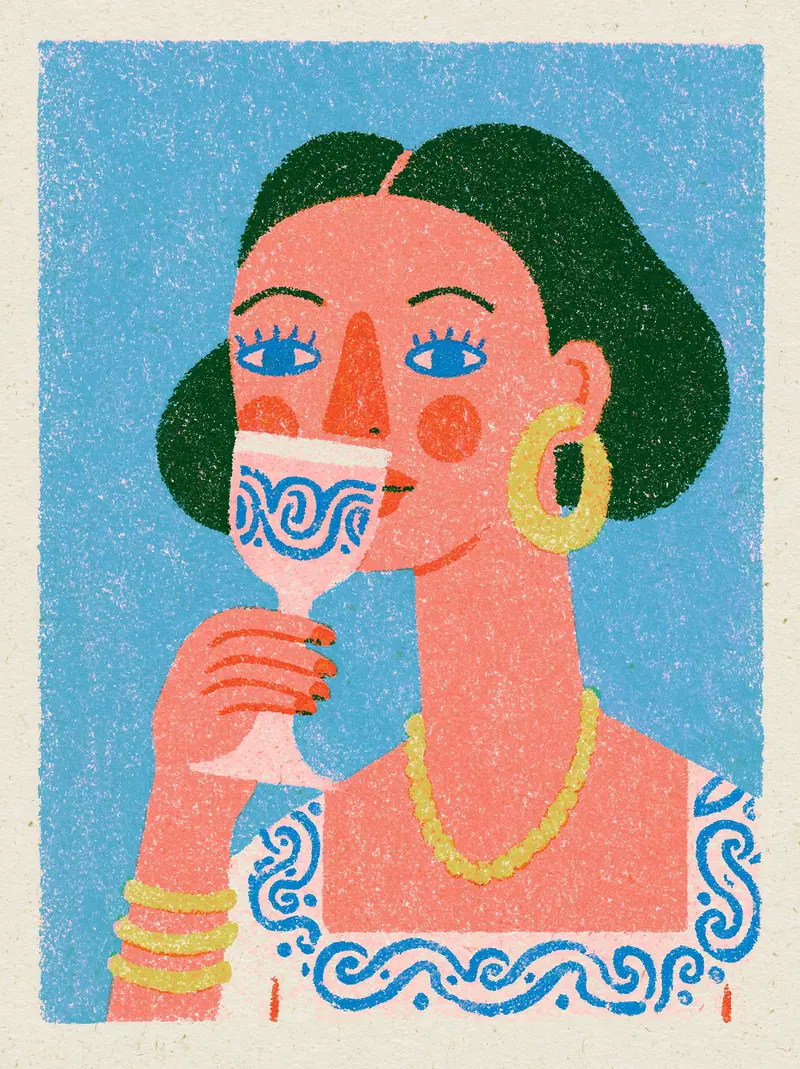 Hand Drawn Illustration of a Melanin Woman Enjoying Wine