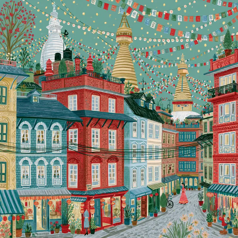 Charming Hand-Drawn Kathmandu Street Scene with Colorful Pagodas